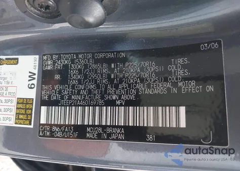 2006 Toyota Highlander V6 from USA, damaged, VIN JTEEP21A460169785